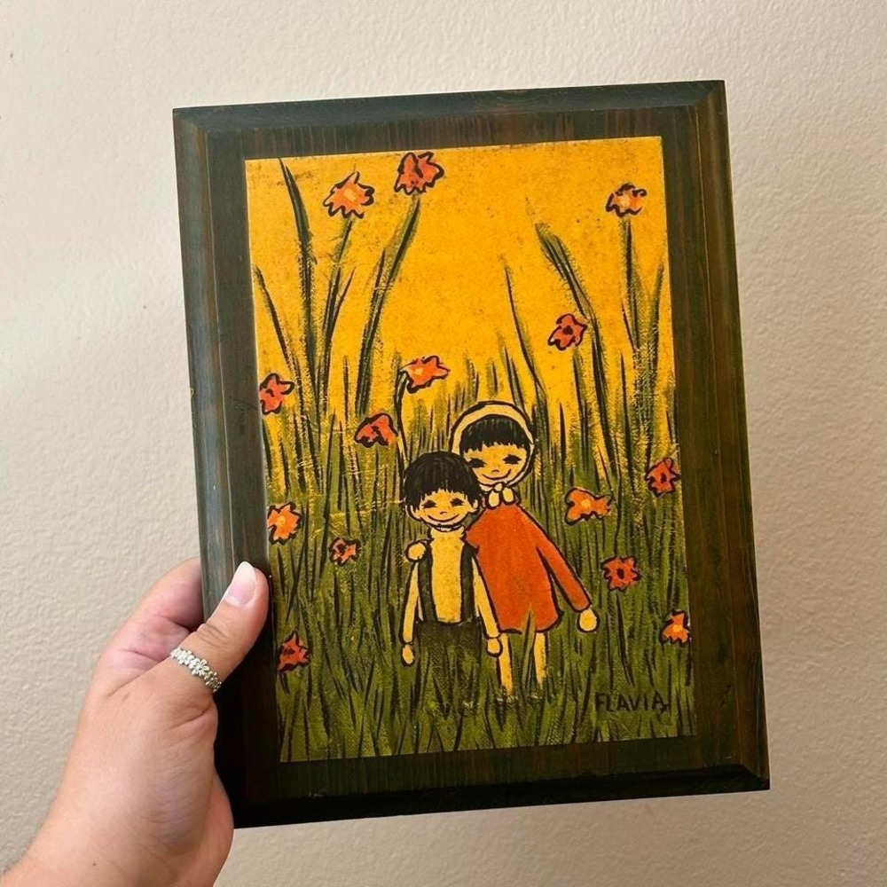 Vintage Flavia Buzza Wood Wall Plaque 1969 Wall Art Folk Art Cottage Core